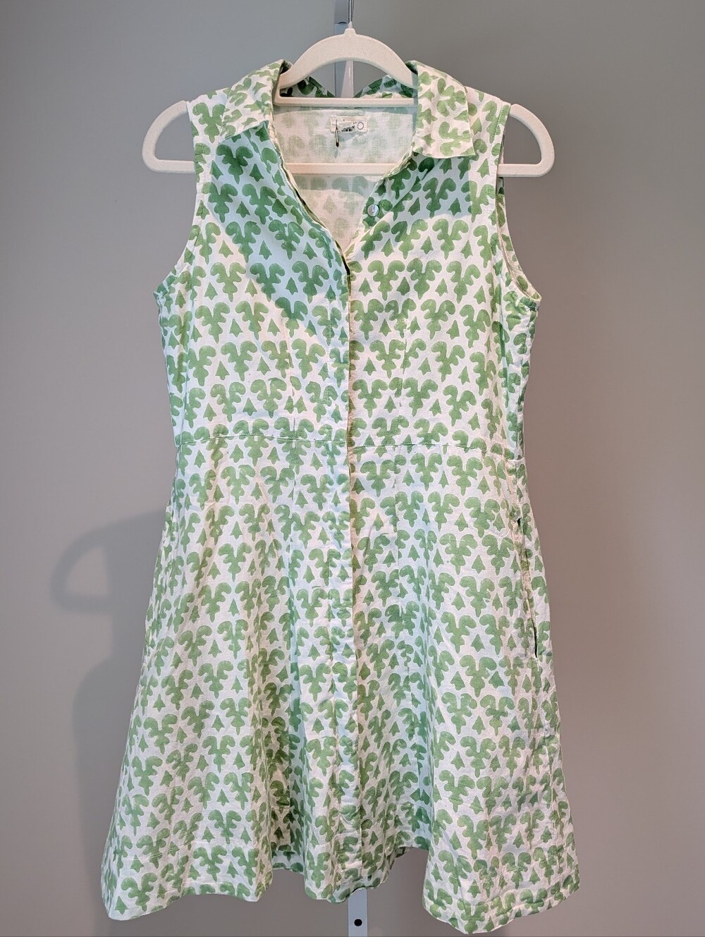 Livro Celadon Block Print India Button Collar Shirt Dress Cotton Fit & Flare XS